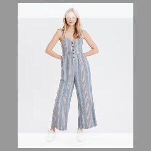American Eagle Jumpsuit Wide Leg Womens Size Med Blue Striped Linen Blend Pocket